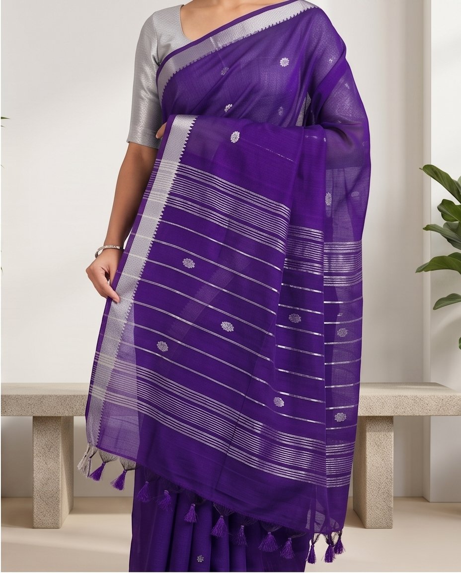 MANGALGIRI NIZAM ZARI BORDER ZARI BUTTA COTTON SAREE - Color:INDIGO PURPLE