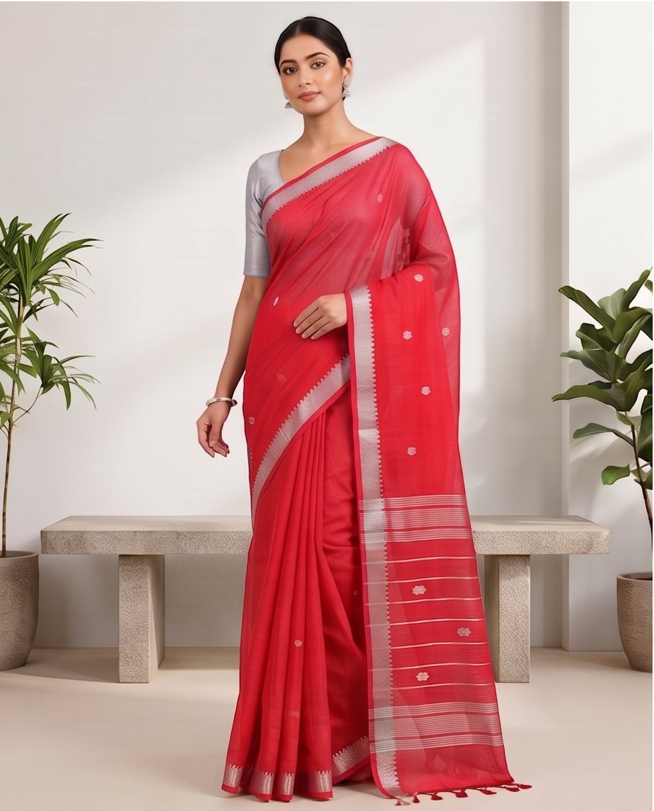 MANGALGIRI NIZAM ZARI BORDER ZARI BUTTA COTTON SAREE - Color:NEON RED