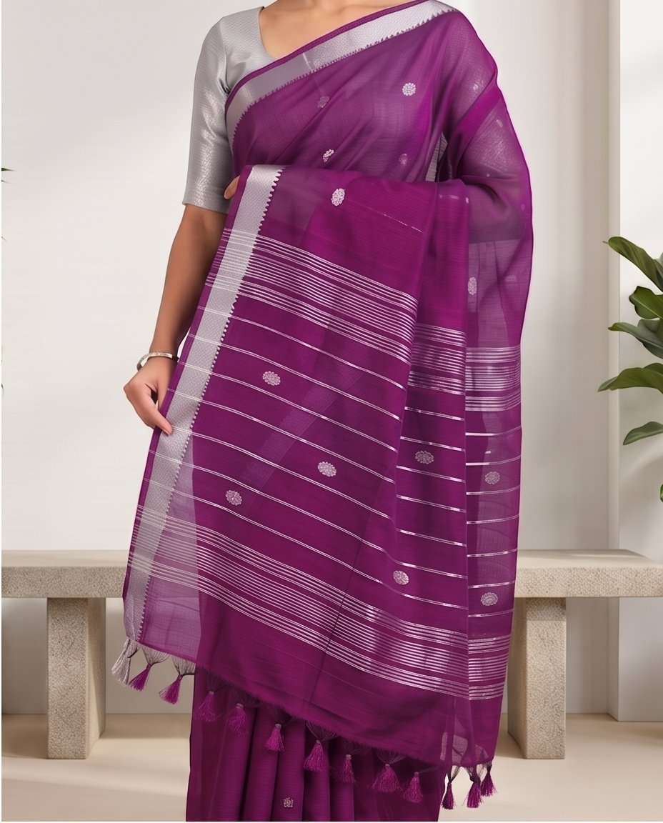 MANGALGIRI NIZAM ZARI BORDER ZARI BUTTA COTTON SAREE - Color:AMARANTH