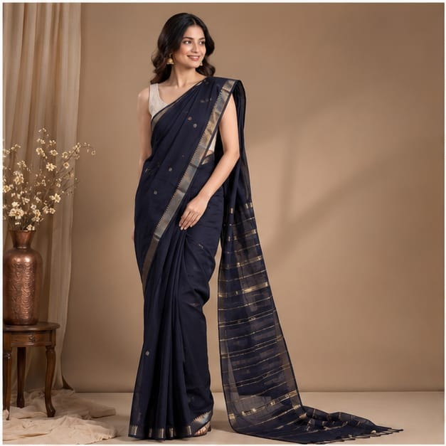 MANGALGIRI NIZAM ZARI BORDER ZARI BUTTA COTTON SAREE - Color:NAVY BLUE