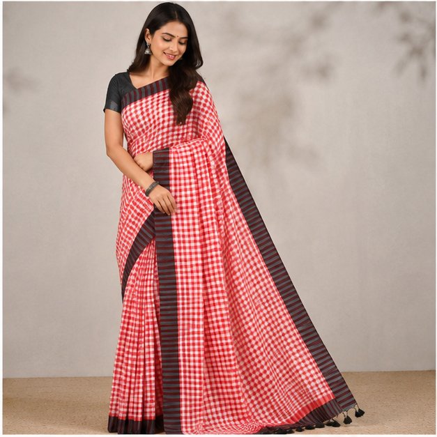 MOL COTTON CHECK SAREE - View 9