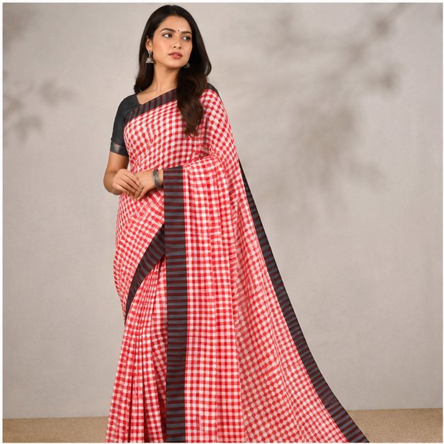 MOL COTTON CHECK SAREE - View 11