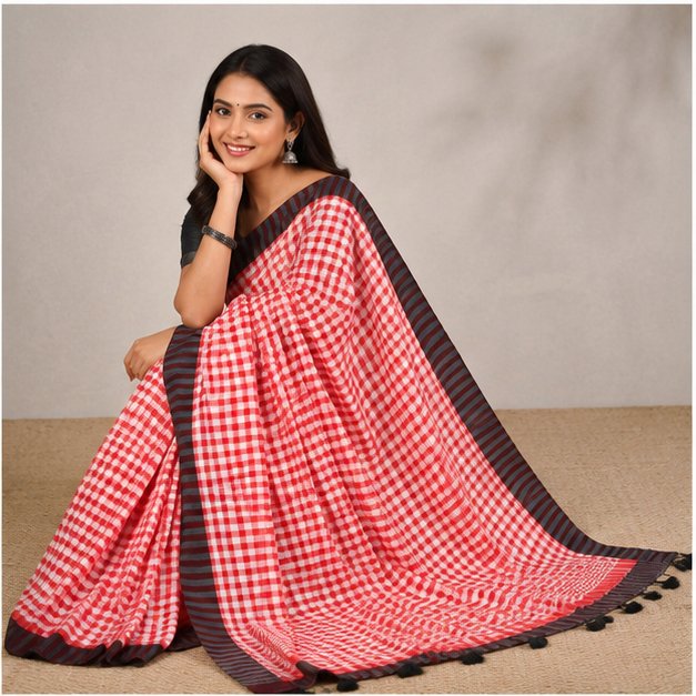 MOL COTTON CHECK SAREE - View 12