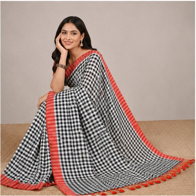 MOL COTTON CHECK SAREE - View 13