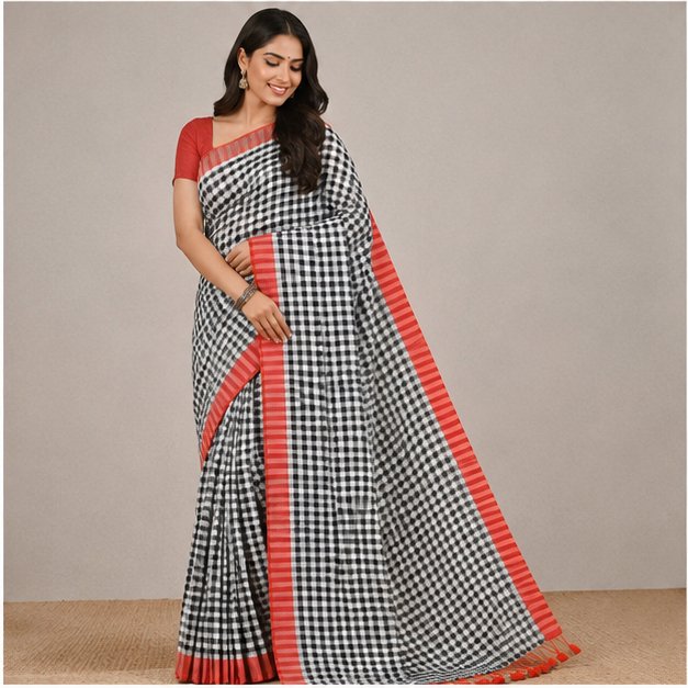 MOL COTTON CHECK SAREE - View 14