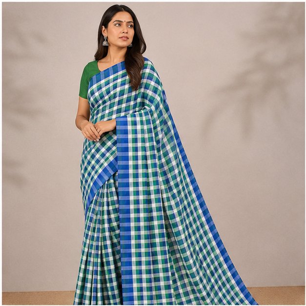 MOL COTTON CHECK SAREE - View 20