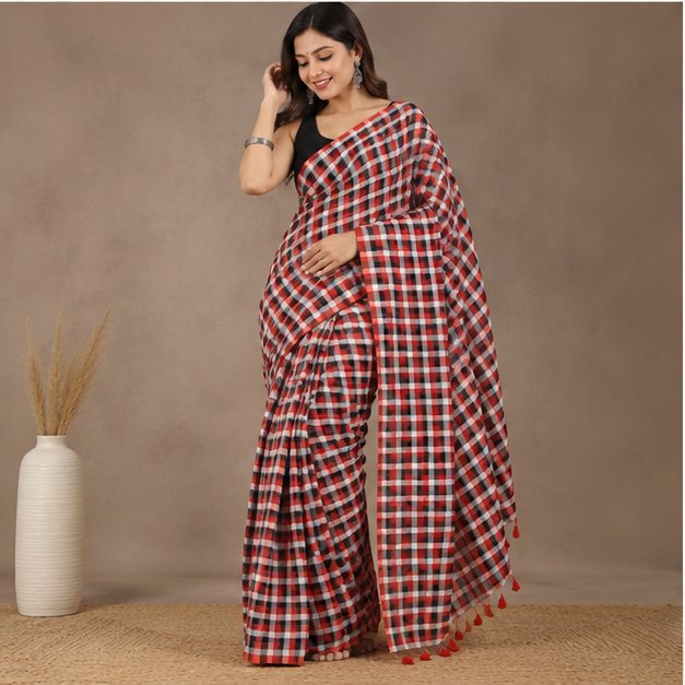 MOL COTTON CHECK SAREE - View 22