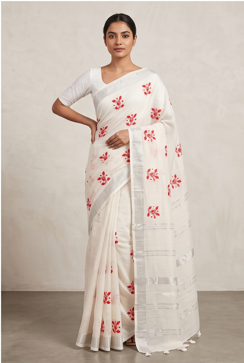 EMBROIDERY ON LINEN SAREE - Color:White
