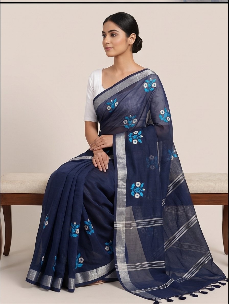 EMBROIDERY ON LINEN SAREE - View 18