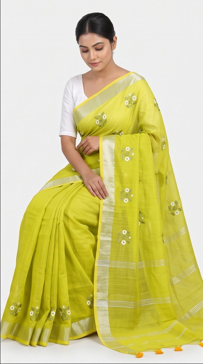 EMBROIDERY ON LINEN SAREE - Color:LIME GREEN