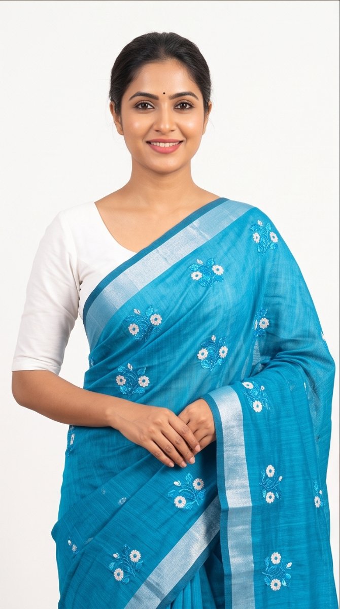 EMBROIDERY ON LINEN SAREE - Color:PEACOCK BLUE