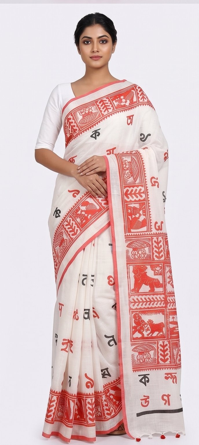 BENGALI LETTER HAND BLOCK PRINT ON LINEN SAREE