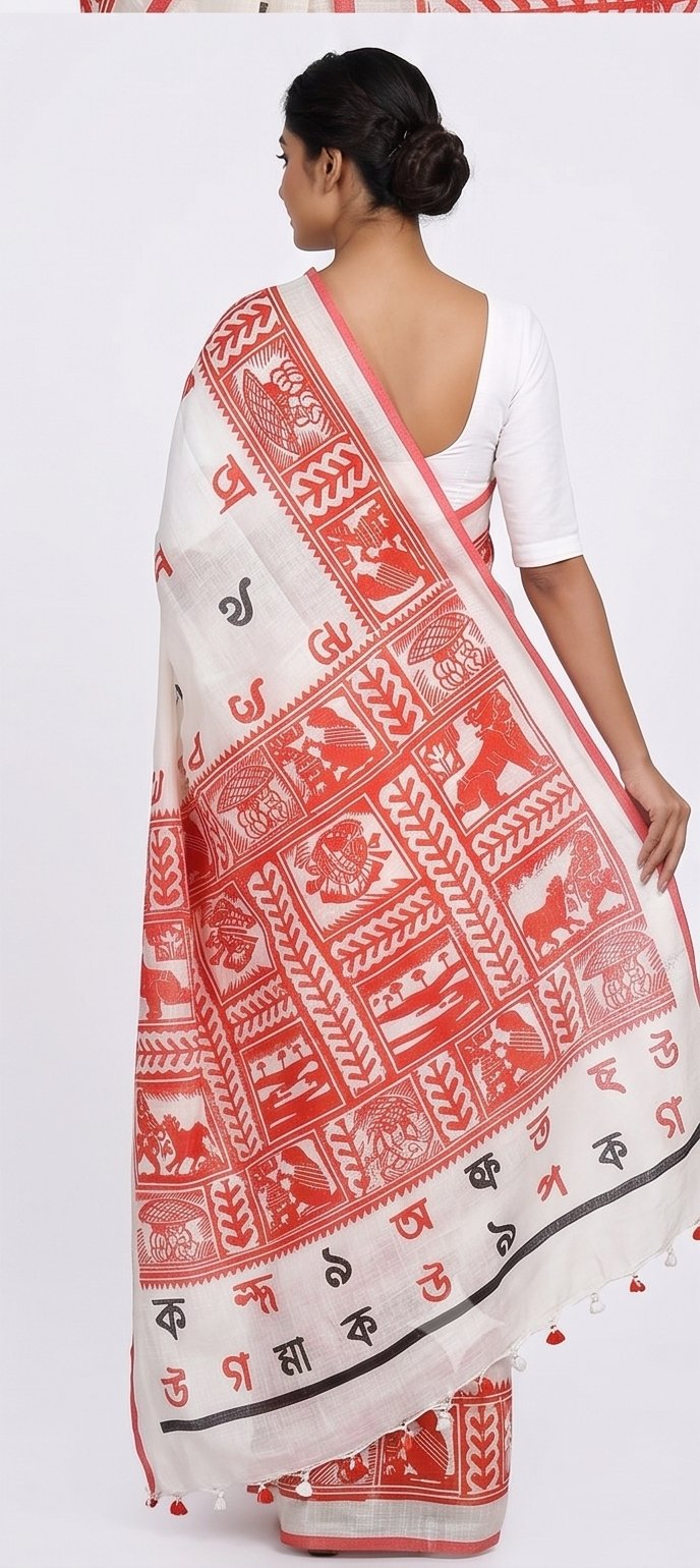 BENGALI LETTER HAND BLOCK PRINT ON LINEN SAREE - View 2