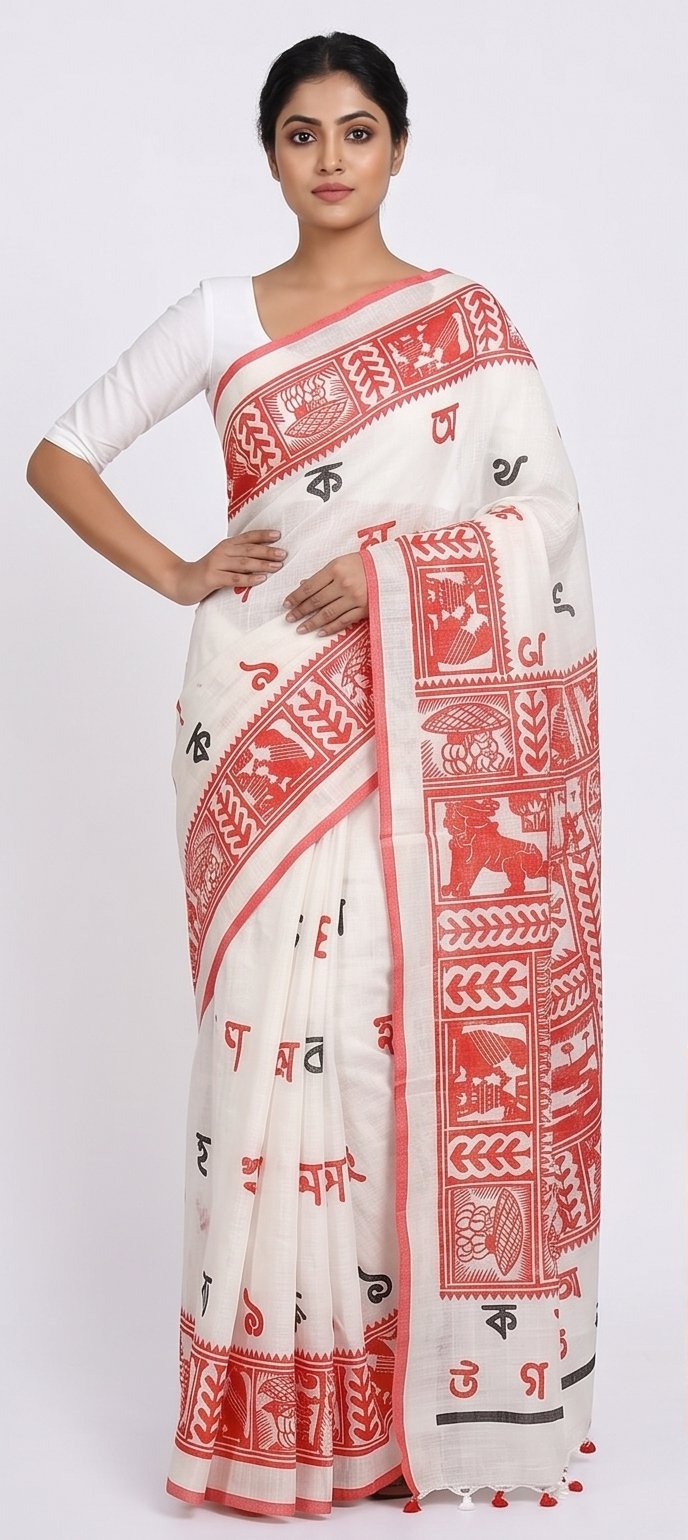 BENGALI LETTER HAND BLOCK PRINT ON LINEN SAREE - View 3