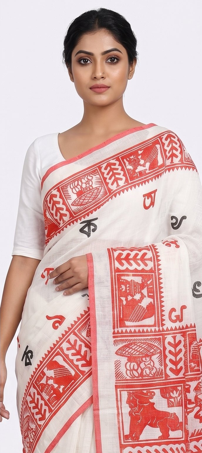 BENGALI LETTER HAND BLOCK PRINT ON LINEN SAREE - View 4