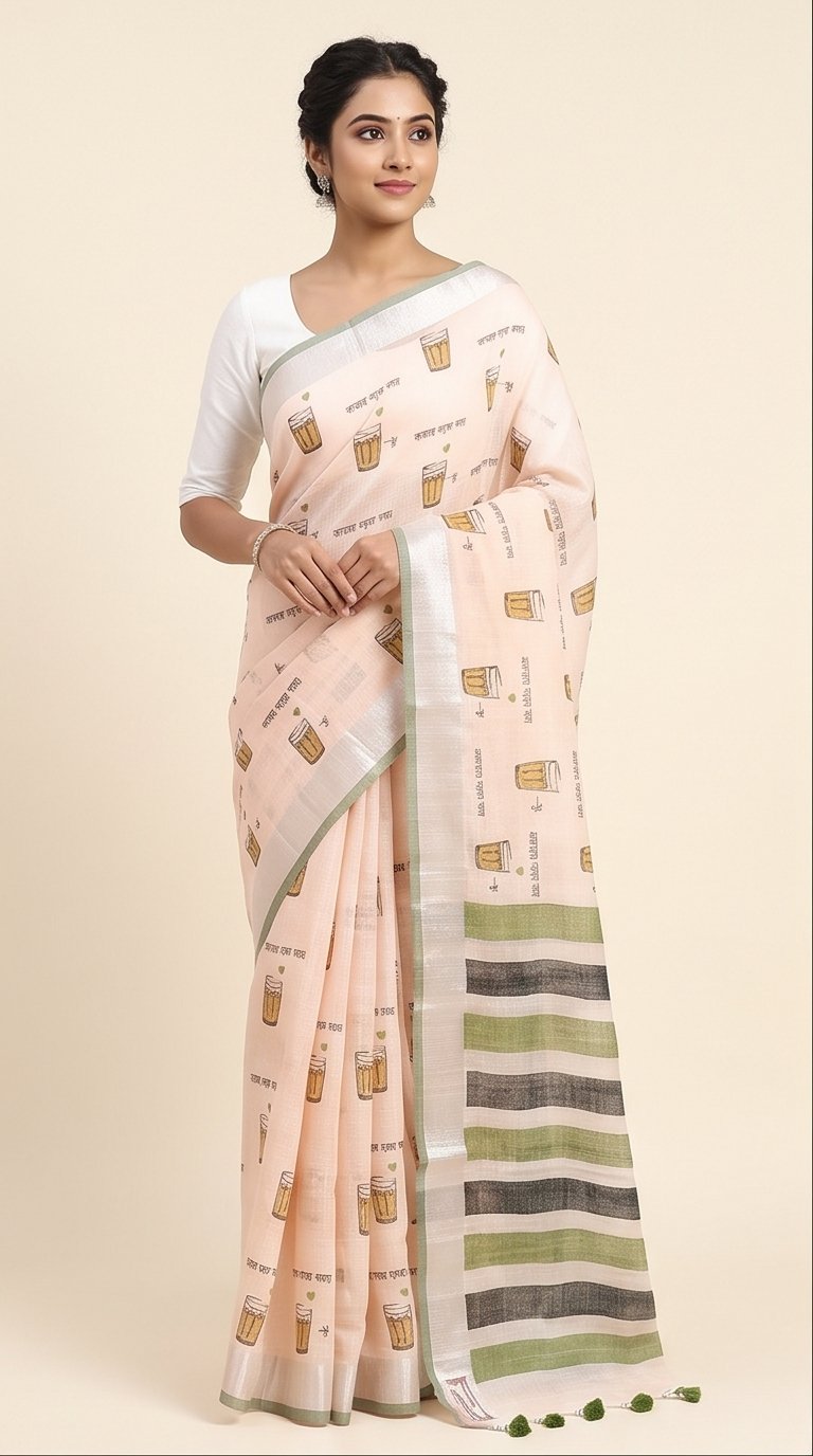 TEA CUP HAND BLOCK PRINT ON LINEN SAREE - View 2