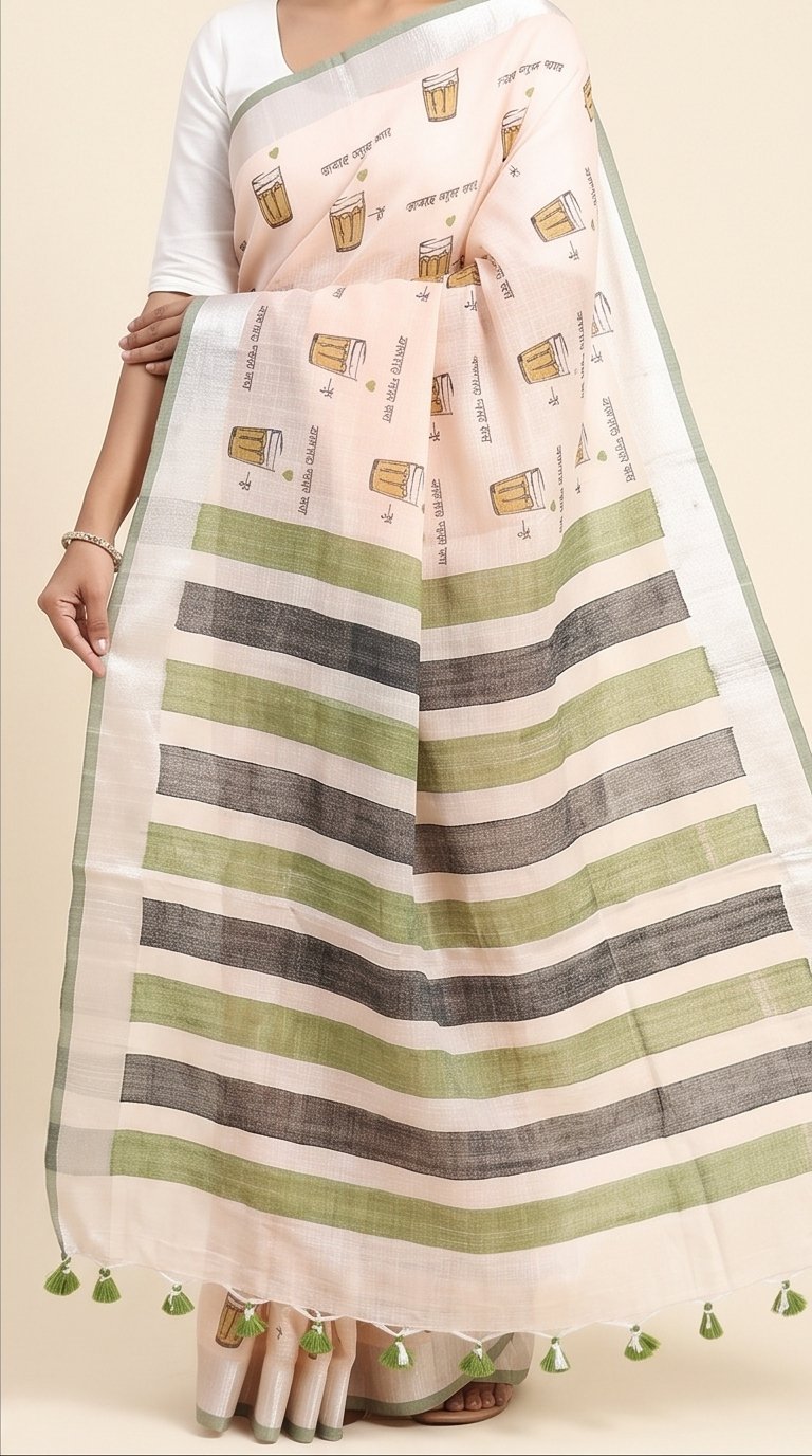 TEA CUP HAND BLOCK PRINT ON LINEN SAREE - View 3