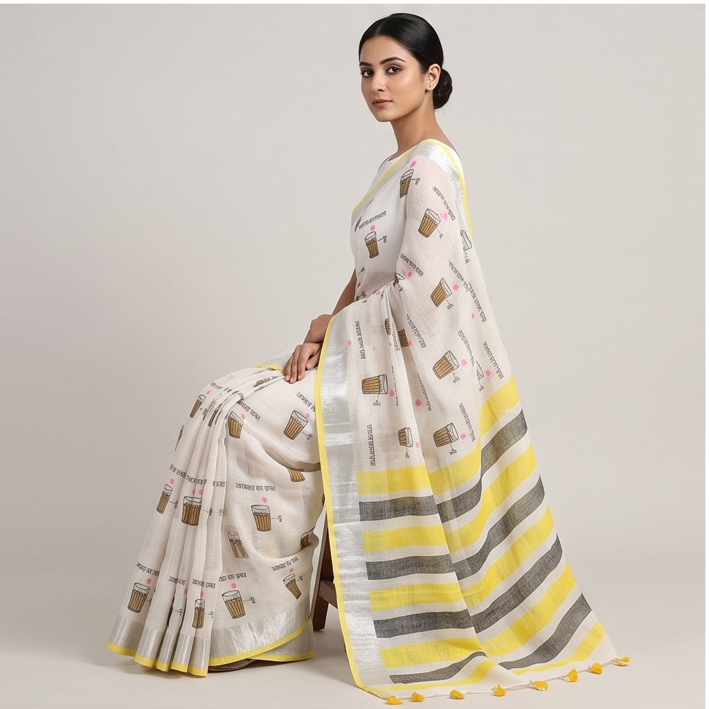 TEA CUP HAND BLOCK PRINT ON LINEN SAREE - View 5