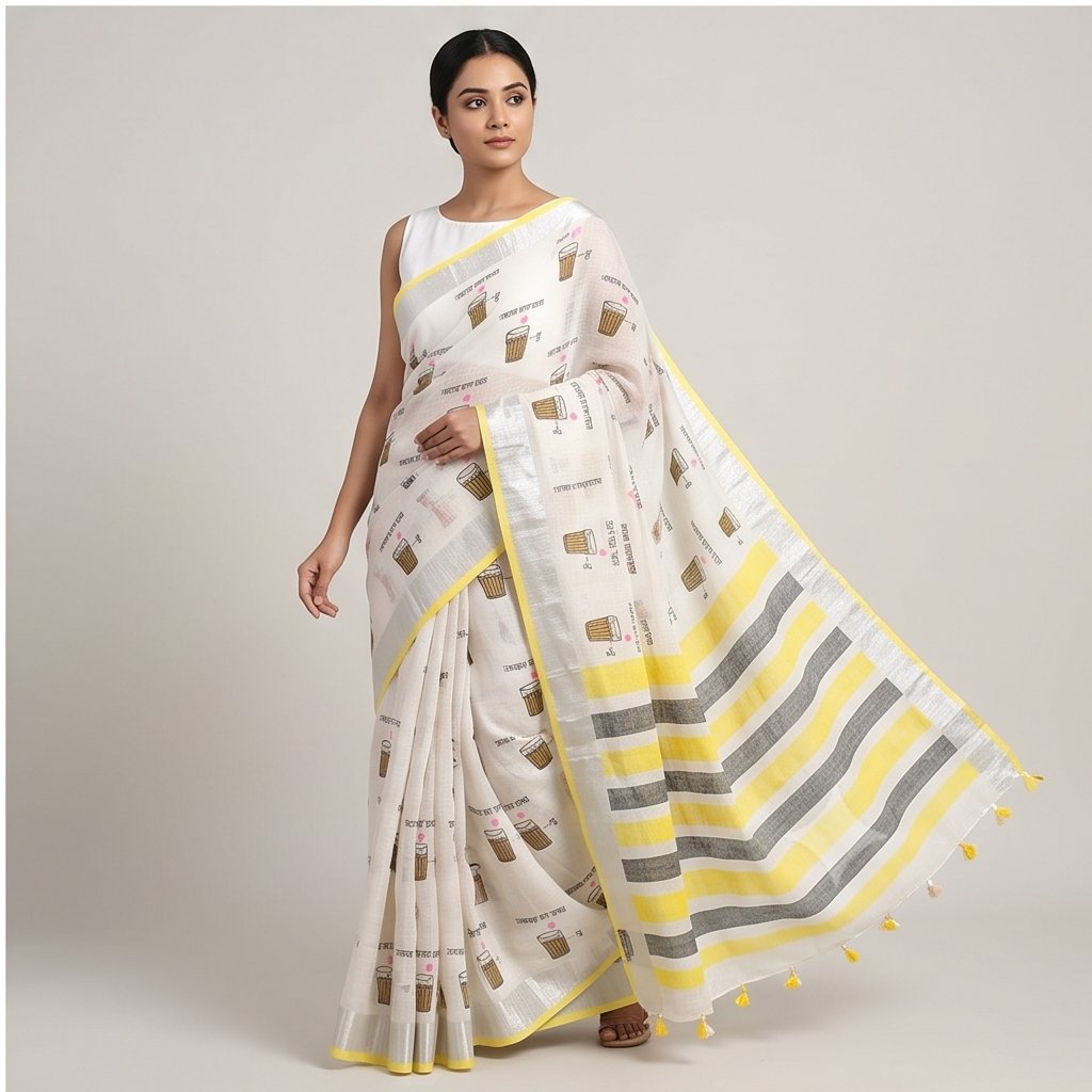 TEA CUP HAND BLOCK PRINT ON LINEN SAREE - View 6
