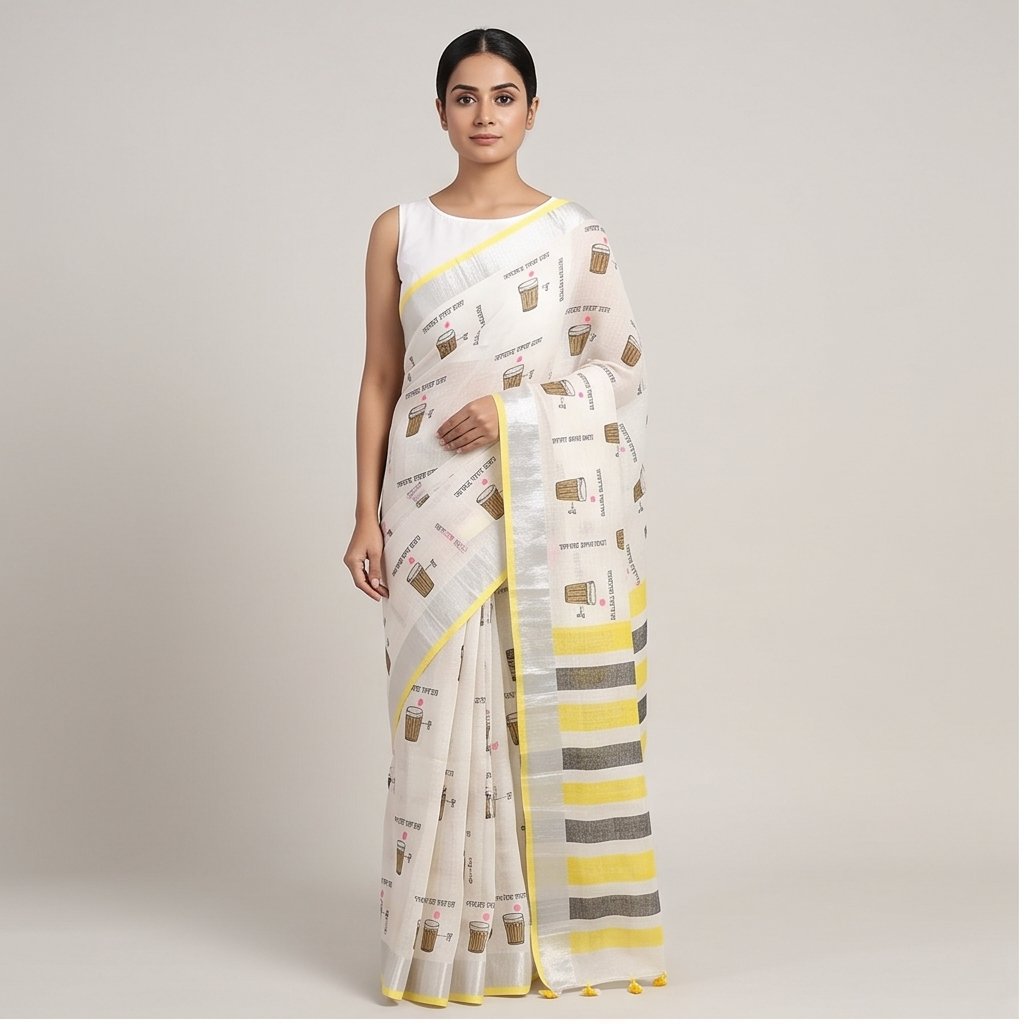 TEA CUP HAND BLOCK PRINT ON LINEN SAREE - View 7