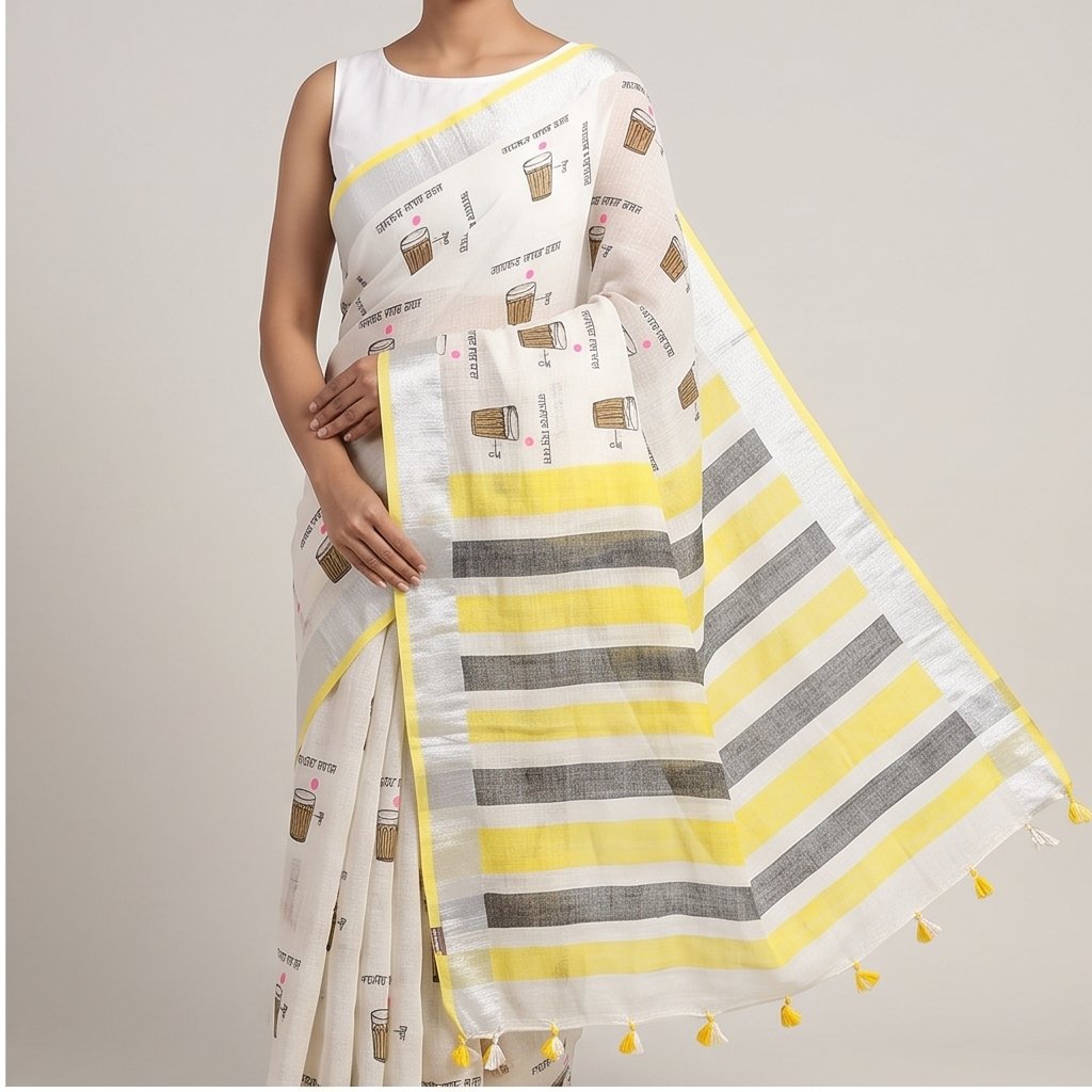 TEA CUP HAND BLOCK PRINT ON LINEN SAREE - View 8