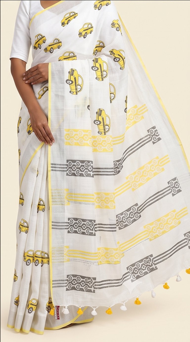 CAR HAND BLOCK PRINT ON LINEN SAREE - View 3