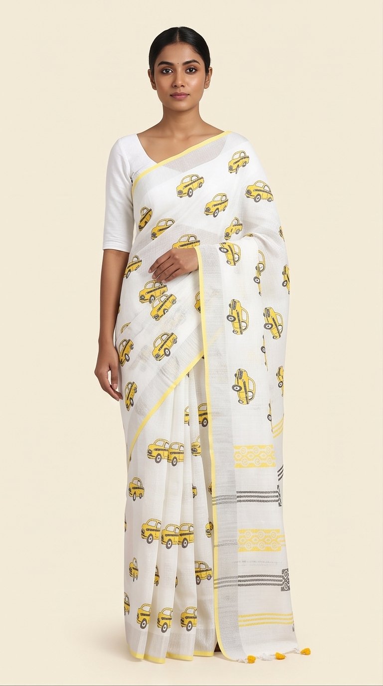 CAR HAND BLOCK PRINT ON LINEN SAREE - View 4