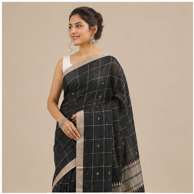 PREMIUM DHANIYAKHALI COTTON CHECKS HANDLOOM SAREE - View 3