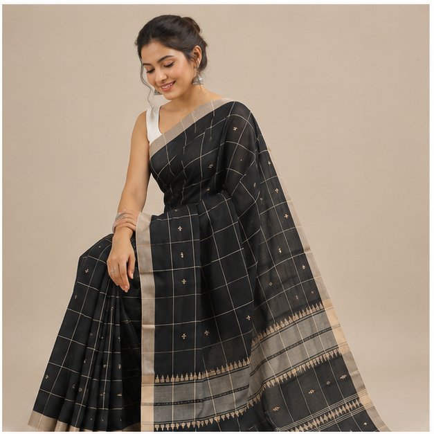 PREMIUM DHANIYAKHALI COTTON CHECKS HANDLOOM SAREE - View 4