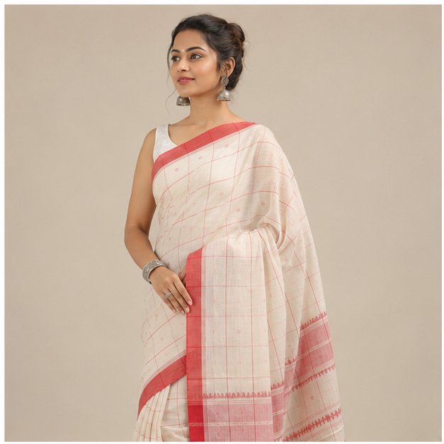 PREMIUM DHANIYAKHALI COTTON CHECKS HANDLOOM SAREE - View 6