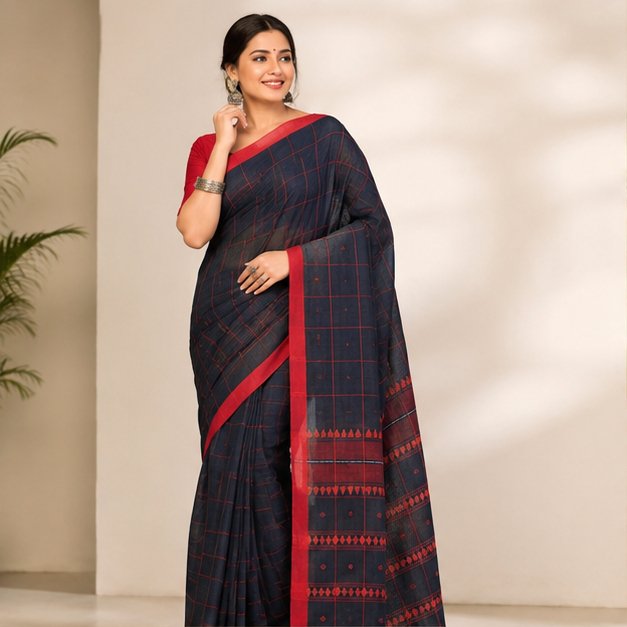 PREMIUM DHANIYAKHALI COTTON CHECKS HANDLOOM SAREE - View 15