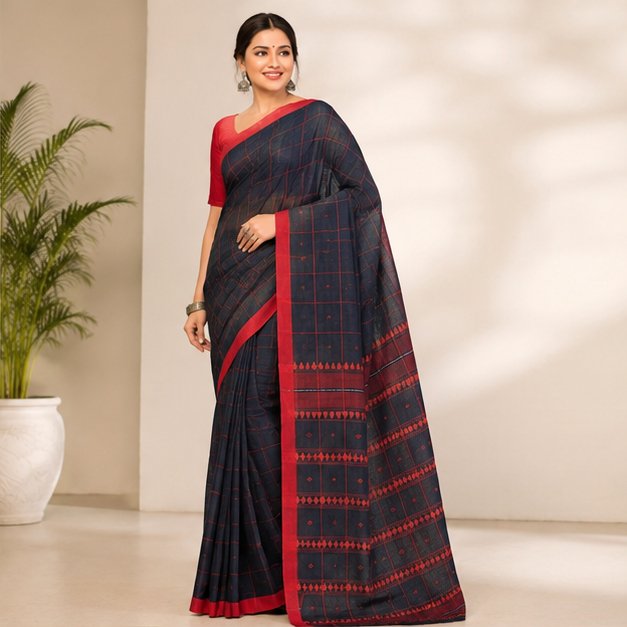PREMIUM DHANIYAKHALI COTTON CHECKS HANDLOOM SAREE - View 16