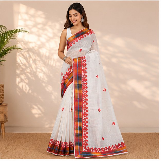 RESHAM KOTA GAMCHHA APPLICK SAREE WITH BLUE LINE - View 2