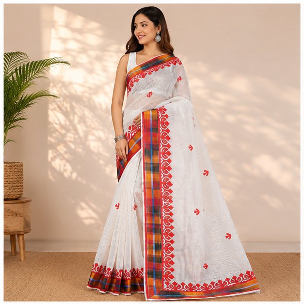 RESHAM KOTA GAMCHHA APPLICK SAREE WITH BLUE LINE - View 3