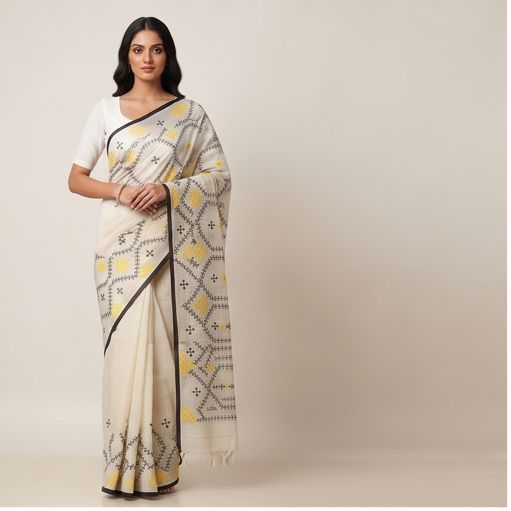 COTTON SAREE WITH KUCHH STITCH (HANDWOVEN) - Color:Black