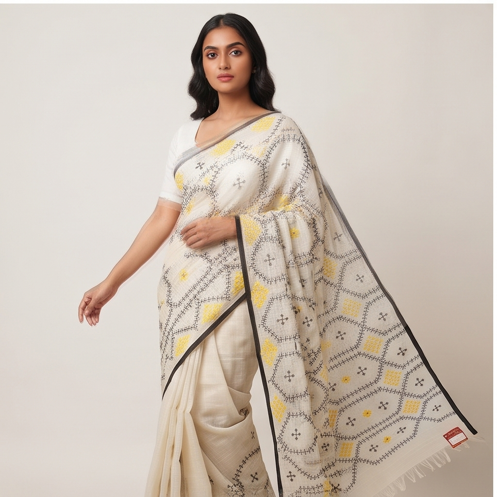 COTTON SAREE WITH KUCHH STITCH (HANDWOVEN) - View 7