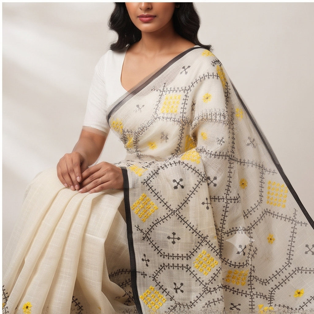 COTTON SAREE WITH KUCHH STITCH (HANDWOVEN) - View 8