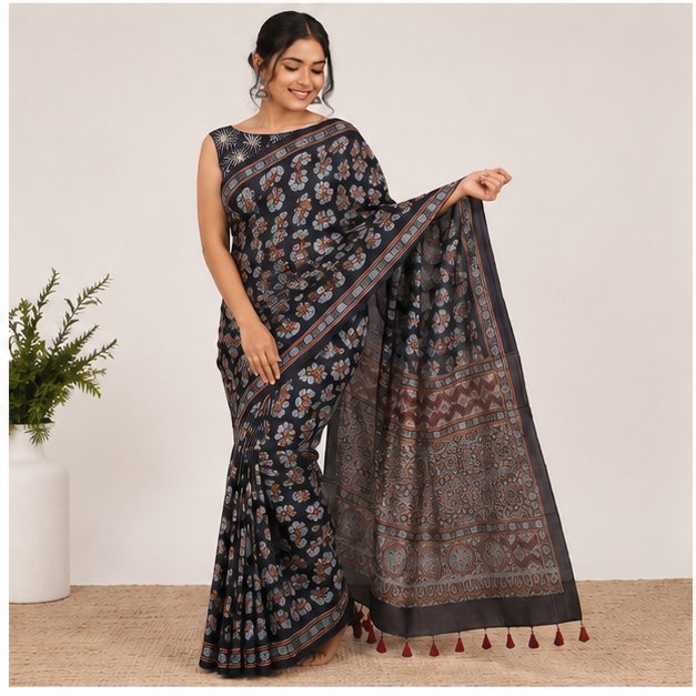MODAL AJRAKH BLOCK PRINT SARE - View 4