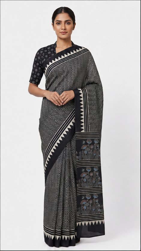 MODAL AJRAKH BLOCK PRINT SAREE(2) - View 2