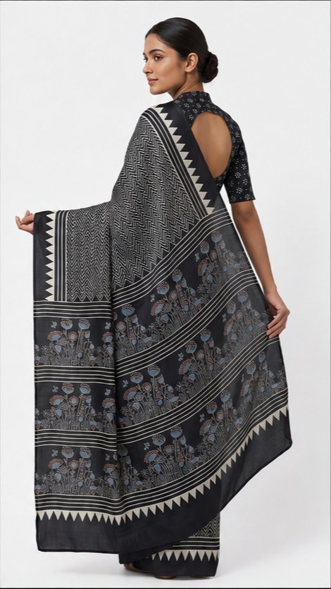 MODAL AJRAKH BLOCK PRINT SAREE(2) - View 3