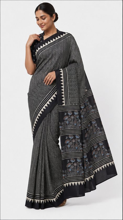 MODAL AJRAKH BLOCK PRINT SAREE(2) - View 4