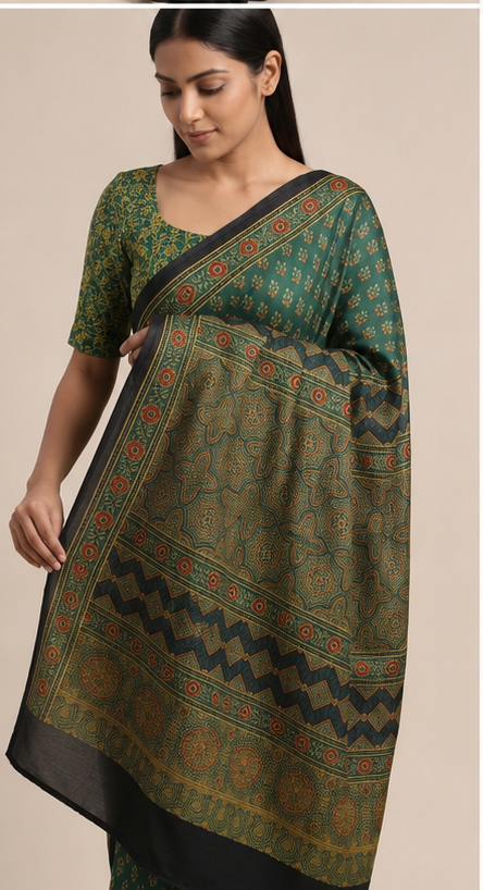 MODAL AJRAKH BLOCK PRINT SAREE(6) - View 3