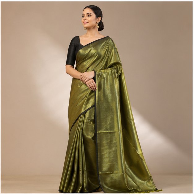 TISSUE COTTON SAREE - Color:OLIVE GREEN