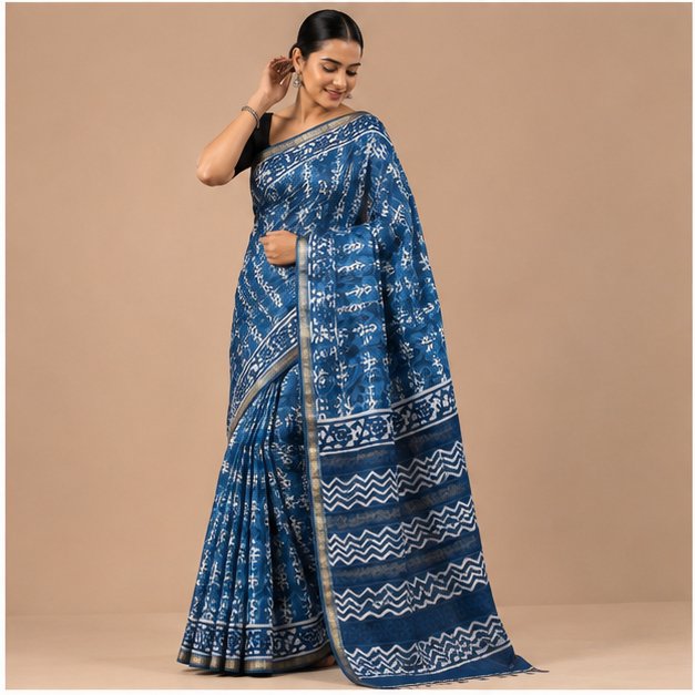 ZARI BORDER COTTON INDIGO SAREE - View 3