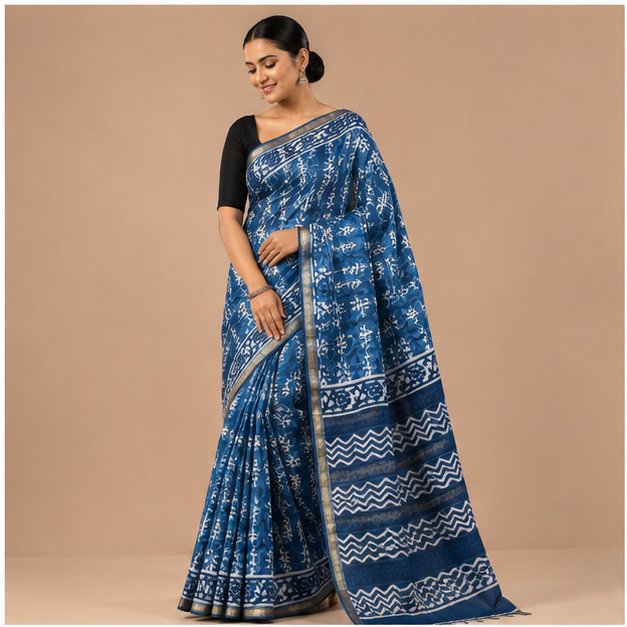 ZARI BORDER COTTON INDIGO SAREE - View 4