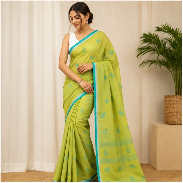 COTTON JAMDANI HANDWOVEN SAREE - Color:PARROT PISTACHIO