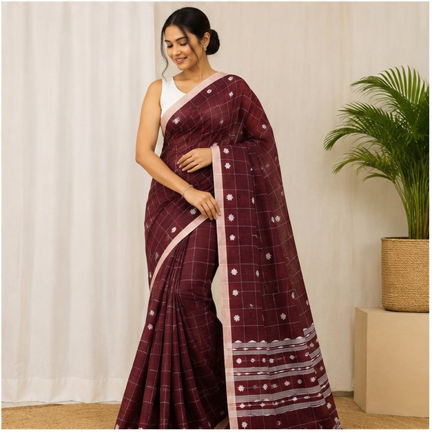 COTTON HANDWOVEN CHECK JAMDANI SAREE - Color:MAROON
