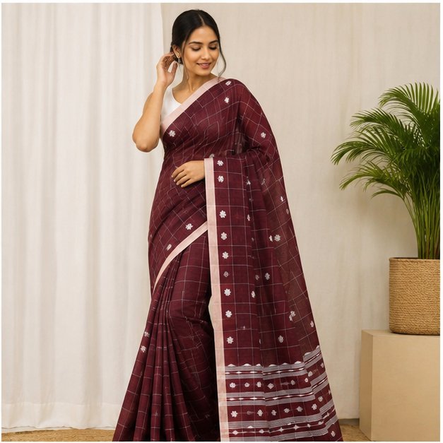 COTTON HANDWOVEN CHECK JAMDANI SAREE - View 2