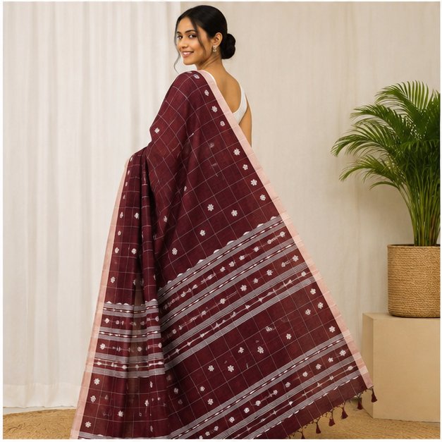COTTON HANDWOVEN CHECK JAMDANI SAREE - View 3