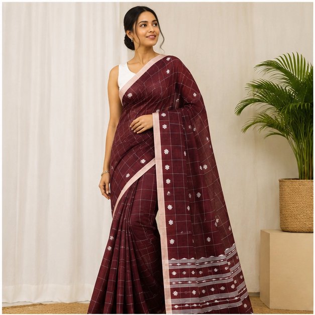 COTTON HANDWOVEN CHECK JAMDANI SAREE - View 4